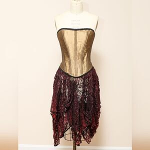 Gold Strapless Lace Up Corset Lace Fairy Grunge Witchy Steampunk Costum Dress